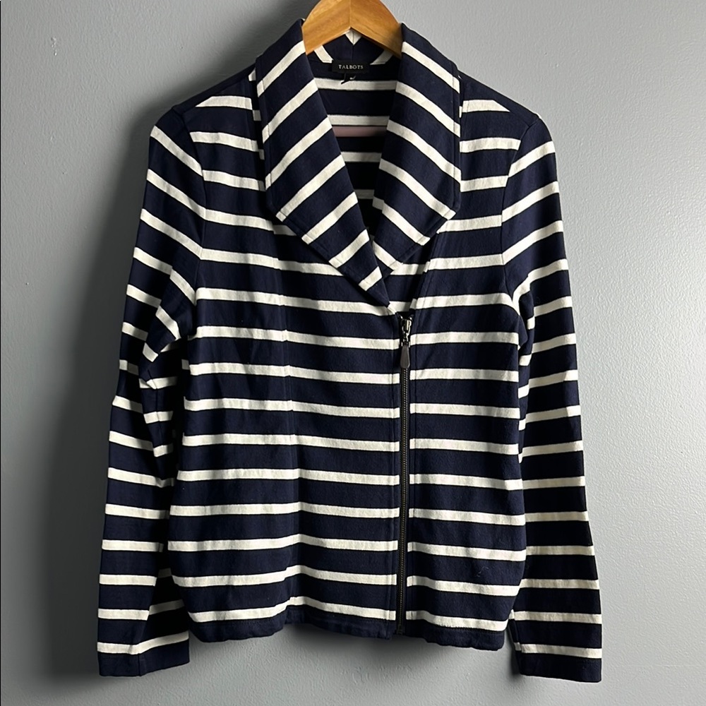 Talbots Blue and White Striped Blazer with Notched Lapel